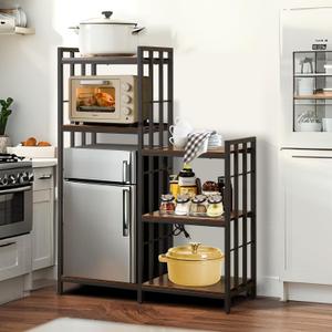 Mini Fridge Stand with Storage,6-Tier Adjustable Bakers Rack with Power Outlet, Mini Fridge Cabinet Shelf, Utility Microwave Stand for Kitchen Living Room Office Dorm