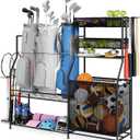 Garage Sports Equipment Organizer, 3 Golf Bag Organizer Stand Heavy-Duty Ball Storage Rack with Basket and Hooks, Ball Storage Cart for Toy Sports Gear Storage, Black