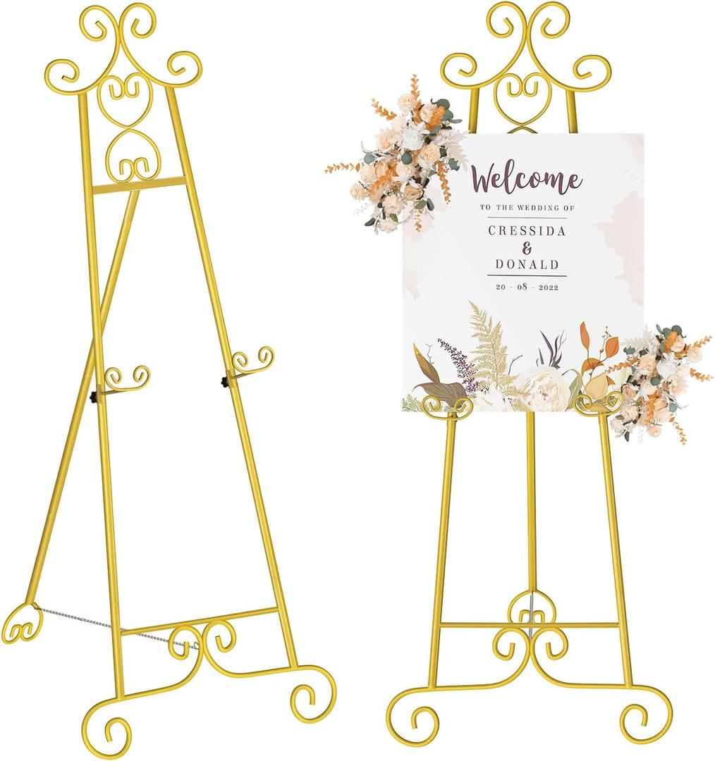 59IN Gold Easel Stand for Sign, 3 Tier Adjustable Larger Wedding Welcome Sign Holder, Art Poster Display Stand Free Standing with Chain, 1 Pack