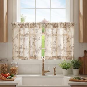 jinchan Floral Kitchen Curtains 24 Inch Linen Tier Curtains Farmhouse Cafe Half Window Drapes Over Sink Light Filtering for Living Room Laundry RV Rod Pocket 2 Panels Taupe on Beige