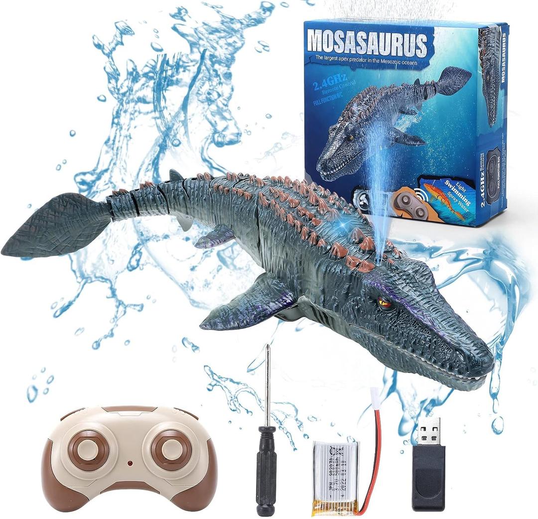 fromeasy Remote Control Dinosaur Toys for Kids 3 4 5 6 7, Mosasaurus Diving Toys RC Boat with Light and Spray Water for Swimming Pool Lake Bathroom Ocean Protector Bath Toys, Small