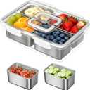 Snackle Box Container, 304 Stainless Steel Divided Serving Tray with Lid and Handle, Portable 4 Compartments Veggie Tray for Fruits,Veggies,Nuts &Candy, Dishwasher Safe for Travel, Picnic, Beach&Parties