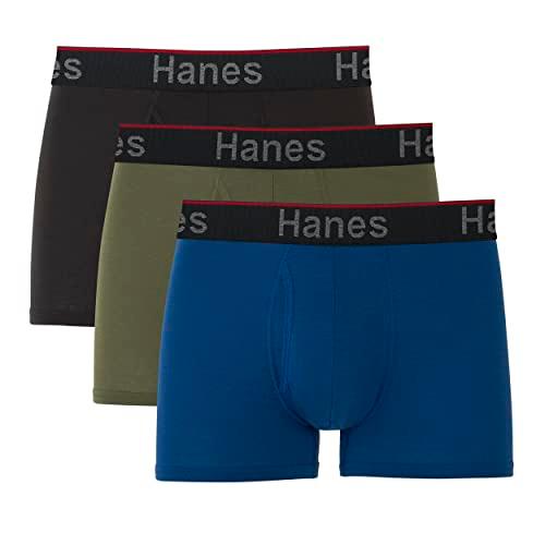 Hanes Men's Total Support Pouch Trunks, Cotton Stretch Underwear for Men, 3-Pack Black/Blue L