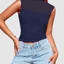 PRETTYGARDEN Women's Summer Sheer Mesh Tank Tops 2025 Trendy Casual Sleeveless Mock Neck Ruched Slim Fitted Going Out Shirts (Blue, S)