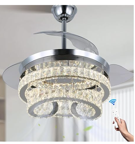 Cainjiazh 42" Smart Crystal Ceiling Fan with Dimmable LED Light & Remote Control - Retractable Blades, 6-Speed, 3 Light Modes,...