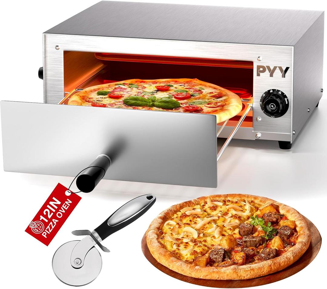 PYY Pizza Oven Electric - 12 Inch Pizza Oven Indoor Stainless Steel Commercial Professional Pizza Cooker Baker Countertop with Timer & Crumb Tray for Home 1100W, Silver