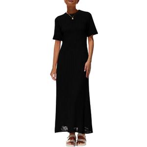 PRETTYGARDEN Womens Eyelet Cover Up Dress 2026 Summer Vacation Resort Maxi Dresses Beach Short Sleeve Hollow Out Sundress (Black, S)