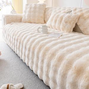Faux Fur Couch Cover, Rabbit Plush Non-Slip Furniture Protector (White, 70x210 cm-Seater Sofa Cover)