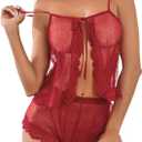 Kolagri Sexy Women Lace Pajamas Lingerie Set High Waist Sheer Sleepwear Bow Ties Cami Shorts Set (Red)