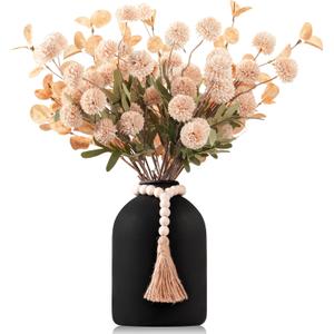 20''H Fake Flowers in Large Vase for Centerpiece Table Decorations with 10Pcs Fake Mums Flowers Eucalyptus Stems Faux Pompon Kiku Flowers Arrangement for Home Decor (Beige/Black Vase)