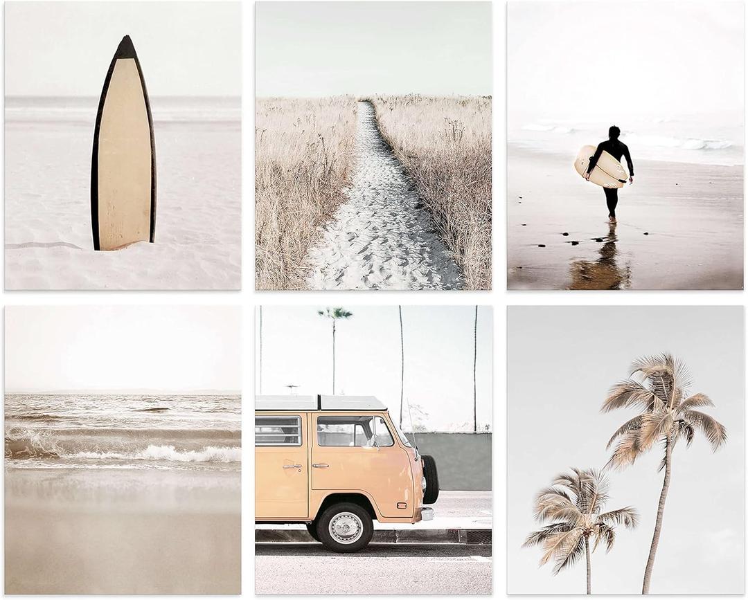 Beach Prints Wall Art Ocean Pictures Home Decor Set of 6 Retro Coastal Posters Tropical Palm Tree Van Surfboard Sandy Boardwalk Photos Unframed 8x10 inch (Vintage Coastline)