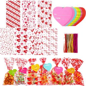 182 PCS Valentines Gift Bags Valentine Cellophane Bags, 7 Assorted Styles Valentine Treat Bags Valentine Goodies Bags with 35 PCS Gift Tags & 200 PCS Twist Ties for Valentines Party Favors Supplies
