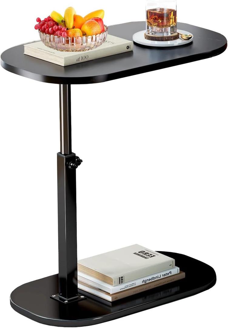 C Shaped End Table, Adjustable Height Couch Side Table, Horizontal 360Swivel Small Couch Side Tables That Slide Under, C Shaped End Table TV Tray Table for Couch (Black)