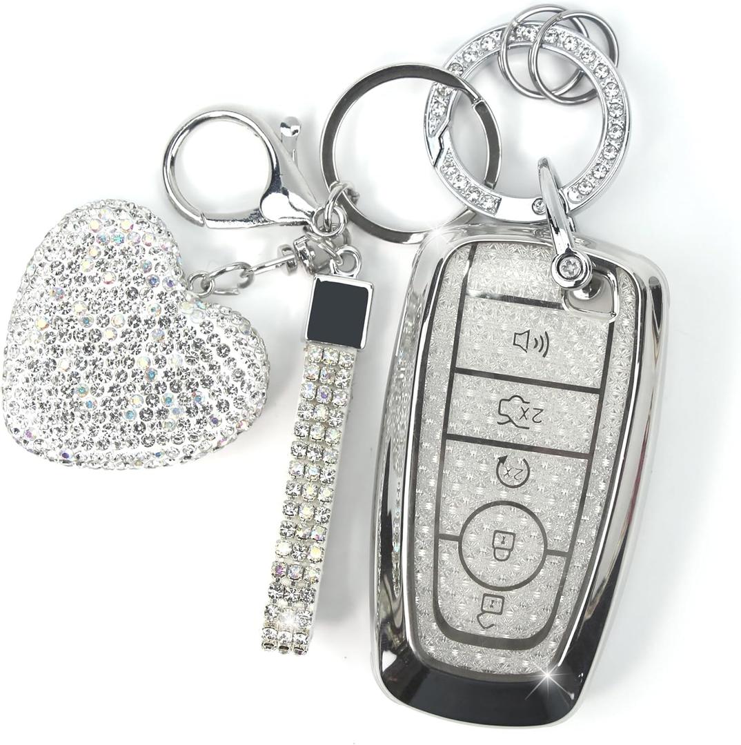 Key Fob Cover with Diamond Keychain for Women, Car Key Holder Compatible with Ford Explorer Fusion Edge Expedition F150 F250 F350 F450 F550 Maverick Mustang, 5 Buttons (Silver-Heart)