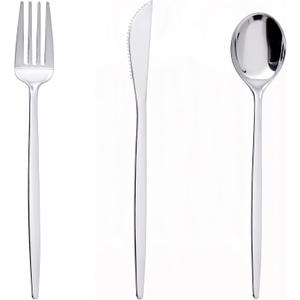 PULOTE 150PCS Silver Plastic Silverware Disposable - Heavy Duty Silver Plastic Cutlery Set - Plastic Utensils Set Include 50 Knives,50 Forks and 50 Spoons for Wedding,Party&Christmas