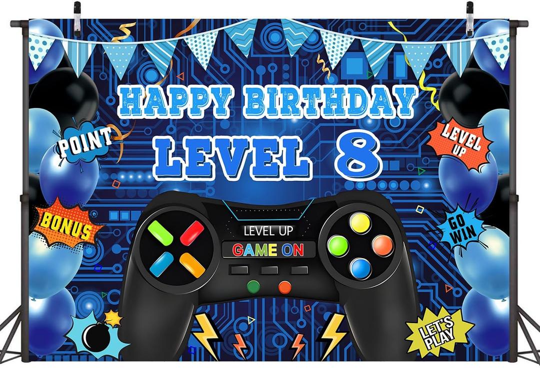 Game Theme Level 8 Birthday Backdrop Video Game Happy 8th Birthday Party Decorations Level Up Theme Boys Kids Birthday Party Supplies(75FT)