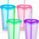 Nuogo 4 Pieces Insulated Double Wall Plastic Tumbler with Lids and Straws Reusable Transparent Plastic Cup 16 oz Tumbler Bulk for Coffee Drinks Milk Tea Juice, Pink, Blue, Green, Purple (Bright Colors)