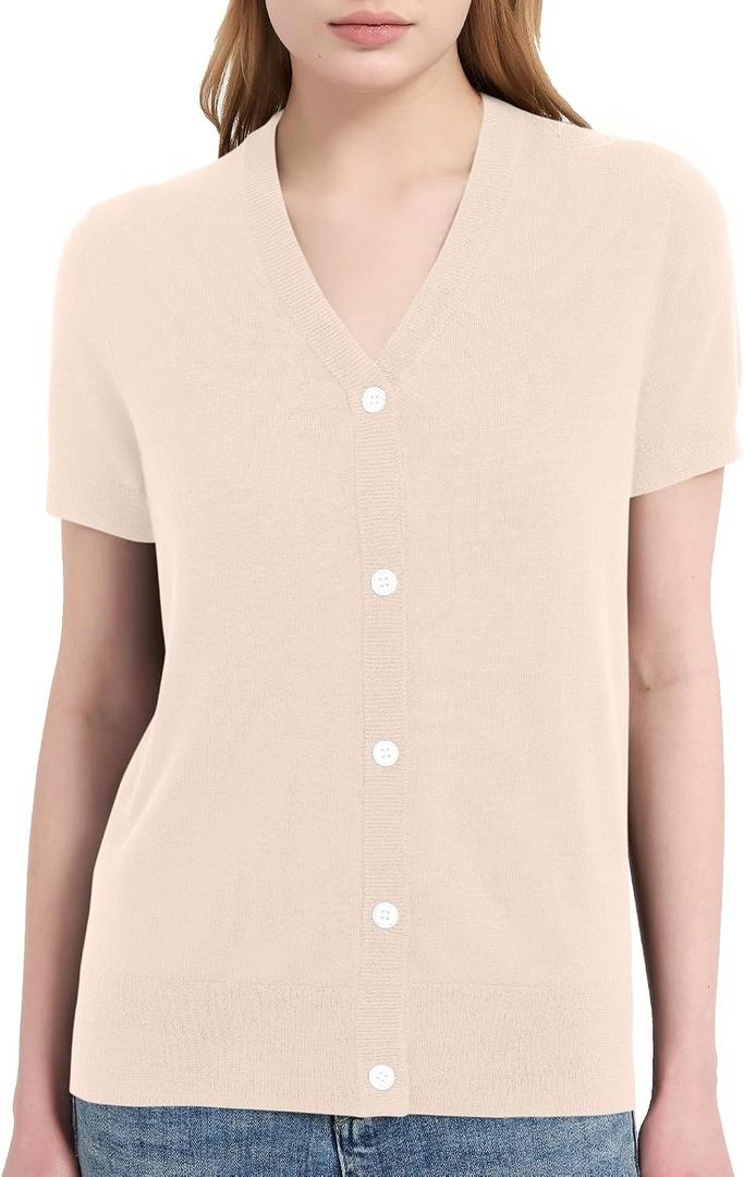 Womens 100% Merino Wool Short Sleeve Cardigan Sweaters V-Neck Button Down Sweater T-Shirt Casual Business Summer Tops (Beige, M)