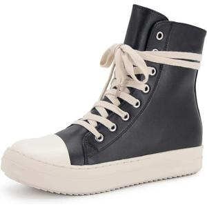 Kluolandi Women's High Top Sneakers Lace Up Canvas Shoes with Zipper Comfort Platform Walking Shoes in Black and White (9, Black Pu)