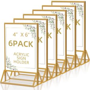 PPH-Sisy Gold Picture Frame 4X6 Acrylic Sign Holder Double Sided Clear Acrylic Frames Display Stand, Plastic Sign Holder for Wedding Table Numbers Menu Holder (6 Pack)