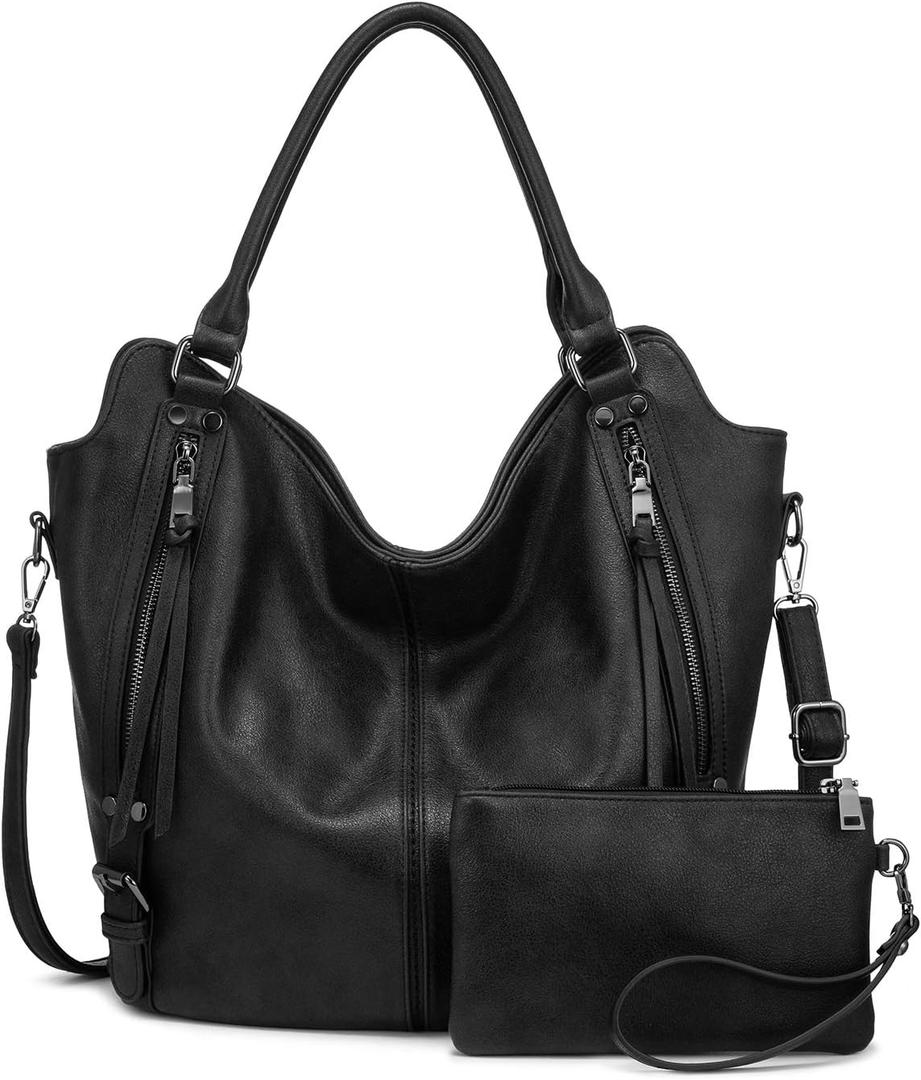 Tote Bag for Women PU Leather Shoulder Bags Fashion Hobo Bags Large Purse and Handbags with Adjustable Shoulder Strap (Black)