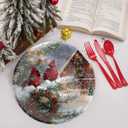 4 Pcs 10-Inch Christmas Melamine Dinner Plates, Round Holiday Set with Winter Farm Watercolor Scenes, Red Barn, Cardinals, Snowmen, Dishwasher-Safe Festive Dinnerware for Table Decor & Parties