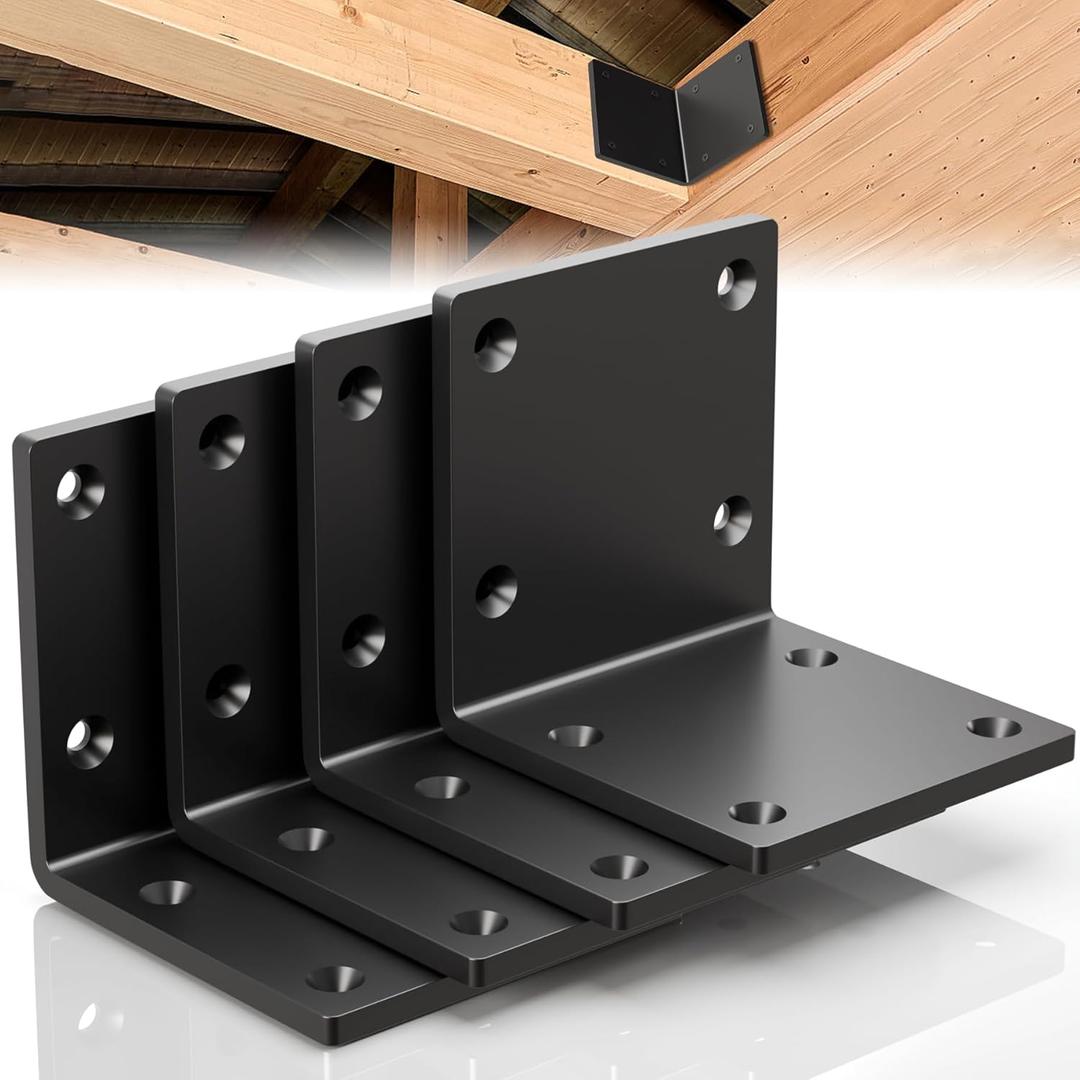 6" X 6" X 5" Heavy Duty Steel L Angle Bracket for Wood, Large 90 Degree Corner Shelf Support Bracket, 6x6 Post to Beam Connector, Thickness 1/4"(6mm), Max Load 300lbs-4 Pcs