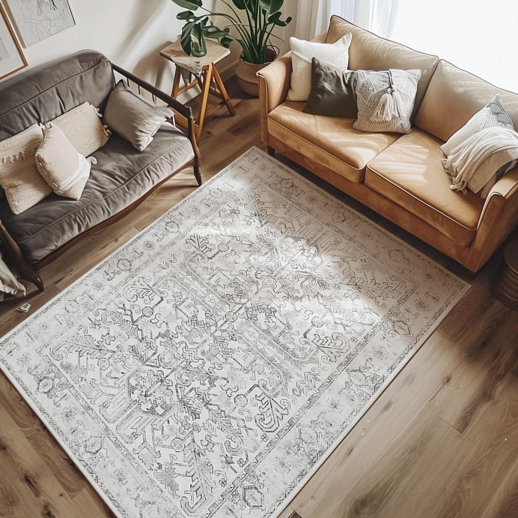 jinchan Machine Washable Area Rugs 4x6 - Vintage Floral Stain Resistant Low Pile Ultra-Thin Non Slip Accent Rug for Bedroom Living Room Kitchen Dining Room Entryway (4x6ft,Grey)
