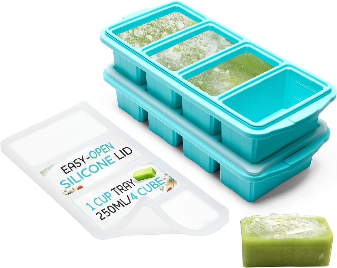 Silicone Freezer Tray With Lid - Soup Freezer Container molds - Large Ice Cube Tray- makes 8 perfect 1 cup portions cubes, 2-Pack Freezer Storage Food Soups & Meal Prep - Oven & Dishwasher - Safe