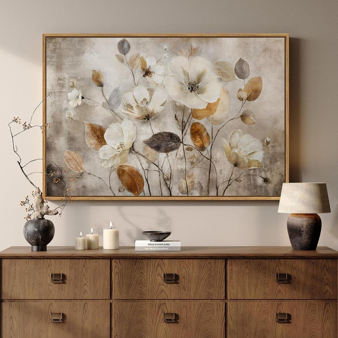 Framed Vintage Neutral Floral Wall Art for Living Room, Brown Botanical Flower Aesthetic Canvas Artwork for Walls, Farmhouse Rustic Painting Print for Bedroom Dining Room Hallway Wall Decor, 36 x 24 In