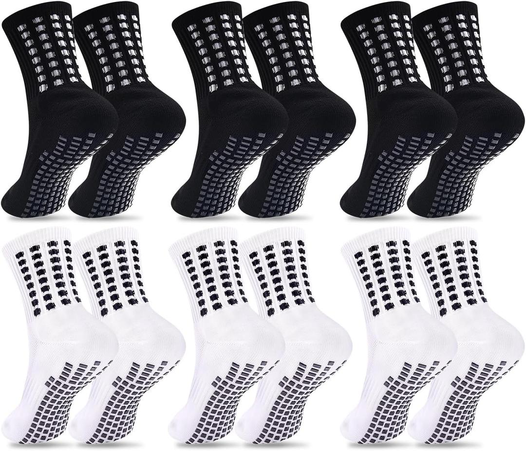 Duufin 6 Pairs Kids Youth Grip Soccer Socks Cushioned Non Slip Athletic Grip Socks for Kids Teens Youth Boys Girls, Black,white, 8-10 Years