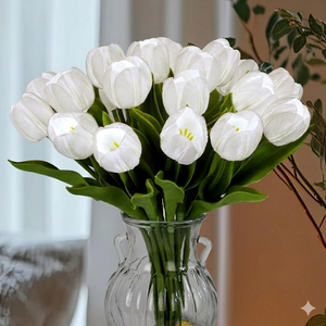 HOMESEASONS 20pcs LED Lighted Artificial Flowers Tulip Lamp Real Touch Tulips Faux Flower Lights for Valentine's Day and Easter Home Kitchen Wedding Dining Table Decor (White)