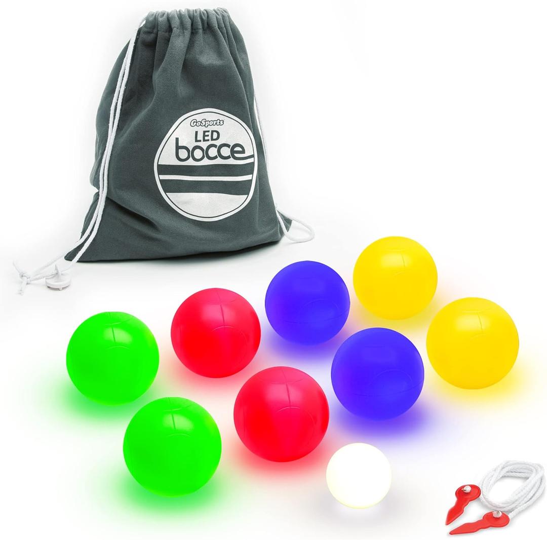 GoSports LED Bocce Ball Game Set - Includes 8 Light Up Bocce Balls, Pallino, Case and Measuring Rope - Choose 85 mm or 100 mm (Multi)
