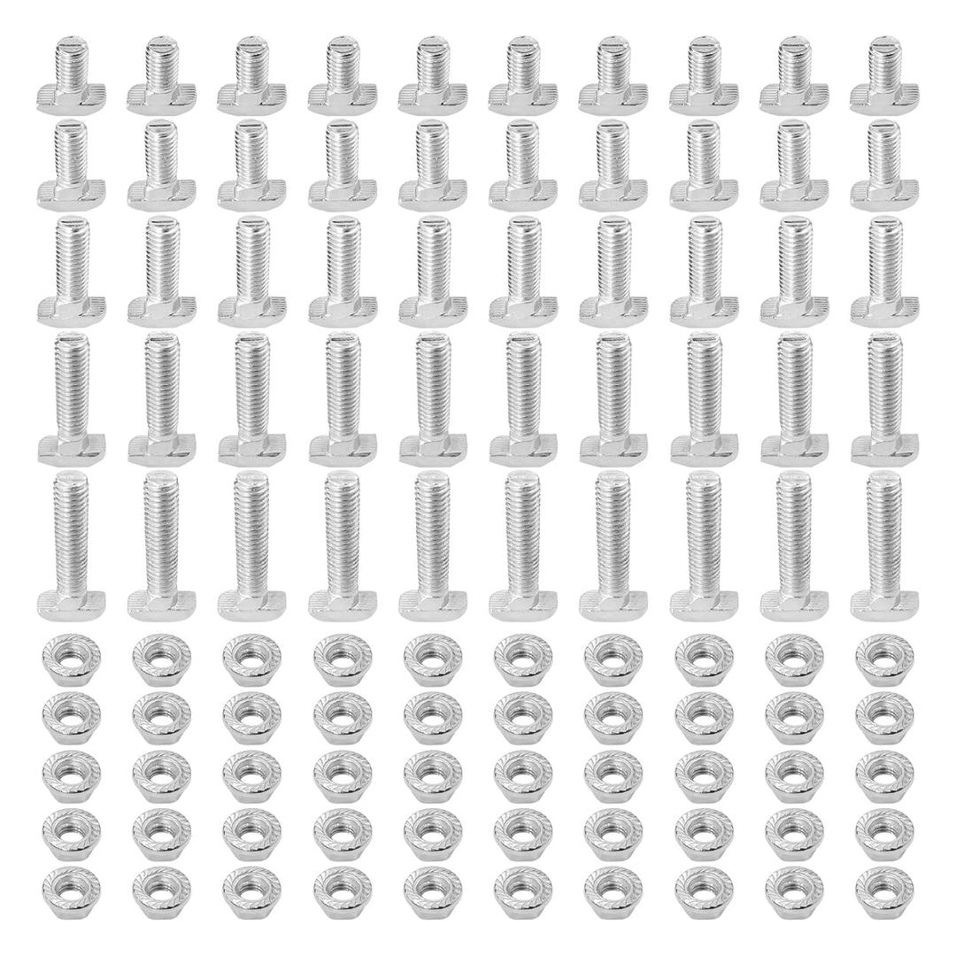 50Pcs M8x16/20/25/30/35mmThread T-Slot Drop-in Stud Sliding Screw Bolt with Flange Nut Set, Heavy Duty Hammer Head Bolt T Shape Screws for European Standard 40 Series Aluminum Profile