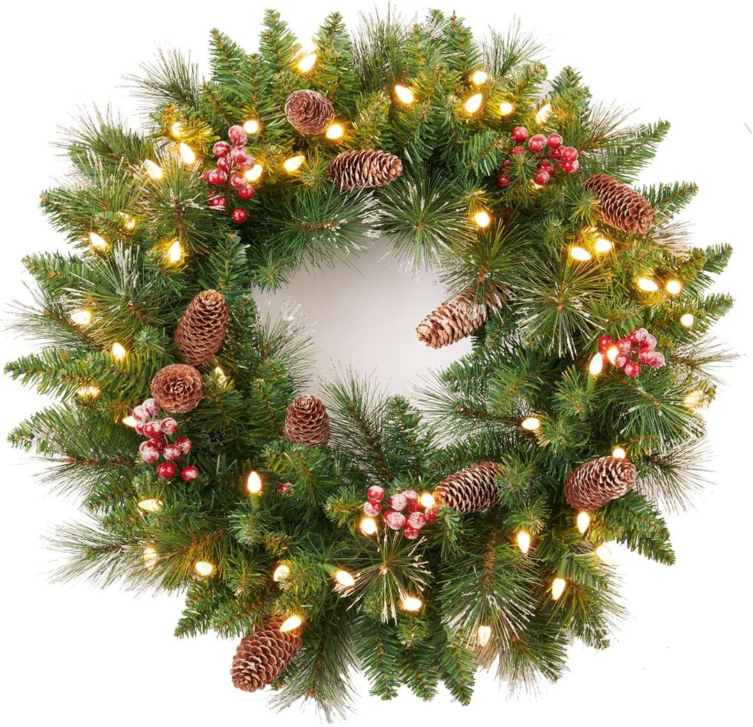 Amaoasis Pre-Lit Christmas Wreath, Decorated Frosted Berries, Pinecones, 50 LED Lights with Timer, Battery Operated, Holiday Decoration for Front Door, Outdoor 24 Inch
