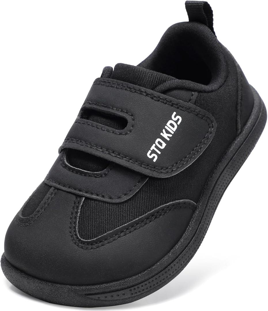 Wide Toe Box Toddler Shoes Zero Drop Boys Girls Barefoot Shoe Non-Slip Little Kids Sneakers for First Walking (4 Wide Infant, All Black)