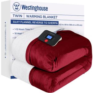 Westinghouse Electric Blanket Twin, Heated Blanket Twin Size with 10 Heating Levels and 1 to 12 Hours Heating Time Settings, Flannel to Sherpa Reversible, Machine Washable (62" x 84", Red)