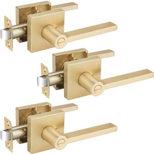 EHOMEWARE 3 Pack Gold Door Handles, Heavy Duty Door Knobs Interior for Bedroom Bathroom, Zinc Alloy Privacy Door Levers Door Handle with Lock, Satin Brass Modern Door Hardware & Locks, 3, Privacy Door Lever