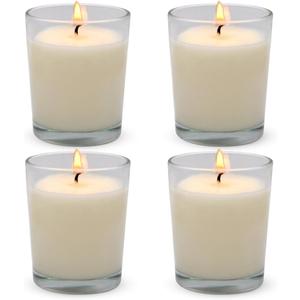 Set of 4 White Votive Candles, Clear Glass Filled Unscented Soy Wax Candle for Home Dcor Weddings Spa Holidays Party and DIY