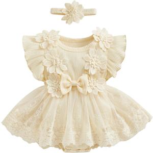Whoizai Baby Girl Dress Romper Flowers Embroidery Baby Lace Romper Infant Girl Summer Spring Clothes With Headband (Beige,9-12 Months)