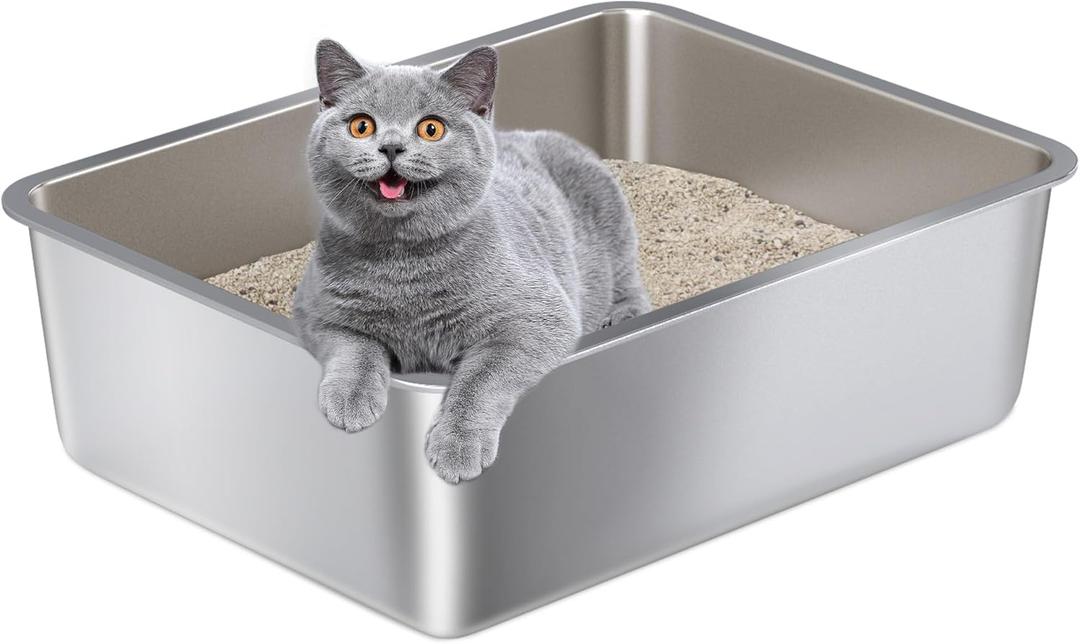 Stainless Steel Litter Box,Metal Cat Litter Box-6" High Side for Cats,Cat LitterBox for Kitty/Kitten and Rabbits, Stainless Steel Cats Litterbox, Easy Clean Non Stick No Smell (Medium (17.5" x 13.6" x 6"))