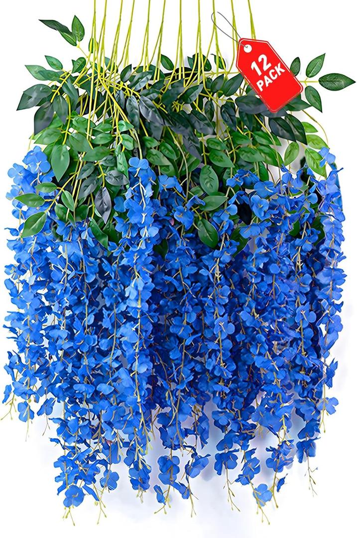 ZEBMOON 24 Pack Royal Blue Wisteria Hanging Flowers, 3.4 Ft Fake Hanging Flowers, Artificial Wisteria Garland Vines for Wedding Room Backdrop Outdoor Patio Garden Decoration