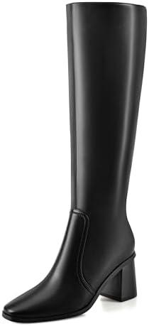 Dumjey Knee High Boots for Women Chunky Heel Square Toe Tall Boots Wide Calf Fashion Long Boot with Side Zipper, Size 7