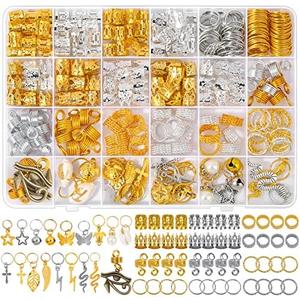 Qinzave 294Pcs Hair Jewelry for Braids Loc Jewelry for Hair Dreadlocks, Braid Accessories for Women Men, Gold Braid Accessories with Cuffs Charms Pendants