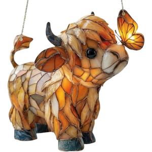 Highland Cow Butterfly Suncatcher with Amber Tones - 2D Stained Glass Style Window Hanging | Farm Animal Sun Catcher Ornament for Home Garden Farmhouse Decor, Gift for Cow Lovers