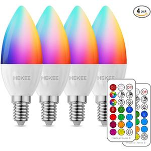 HEKEE E12 LED Candelabra Light Bulbs, Color Changing Candle, C37 B11 40W Incandescent Equivalent, 450 Lumen, RGB + 2700K Warm White, 5Watt, 12 Colors, 2 Modes, Timer, Remote Control(3Pack)
