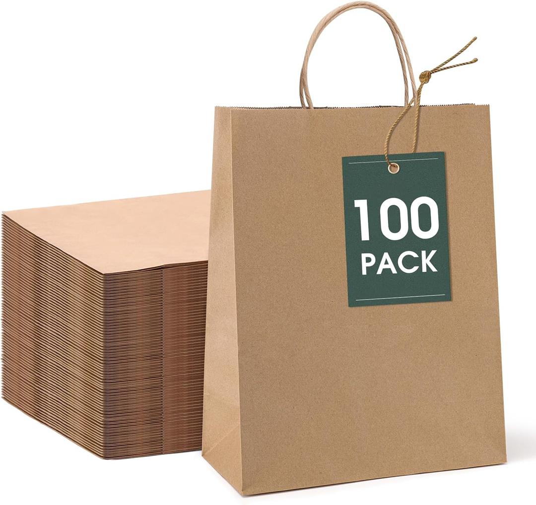 GSSUSA 10x5x13 100Pcs Brown Paper Bags with Handles, Bulk Shopping Grocery Paper Bags, Party Favor, Retail, Small Business, Packaging, Merchandise, Boutique, Wedding