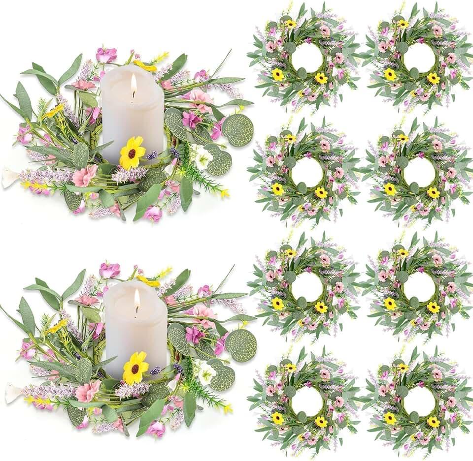 8 Pcs Spring Summer Artificial Flowered Wreath Mini Floral Wedding Candle Rings Wreaths 3inch Kitchen Cabinet Swags Wreath Pillar Candle Holder for Wedding Spring Summer Home Door Tabletop Decoration