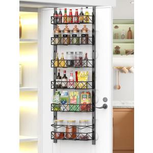 6-Tier Over the Door Pantry Organizer, Pantry Organizers and Storage, 6+1 Metal Hanging Wall Mount Spice Rack for Kitchen Behind the Door Storage Organizer with Adjustable Basket (Black)