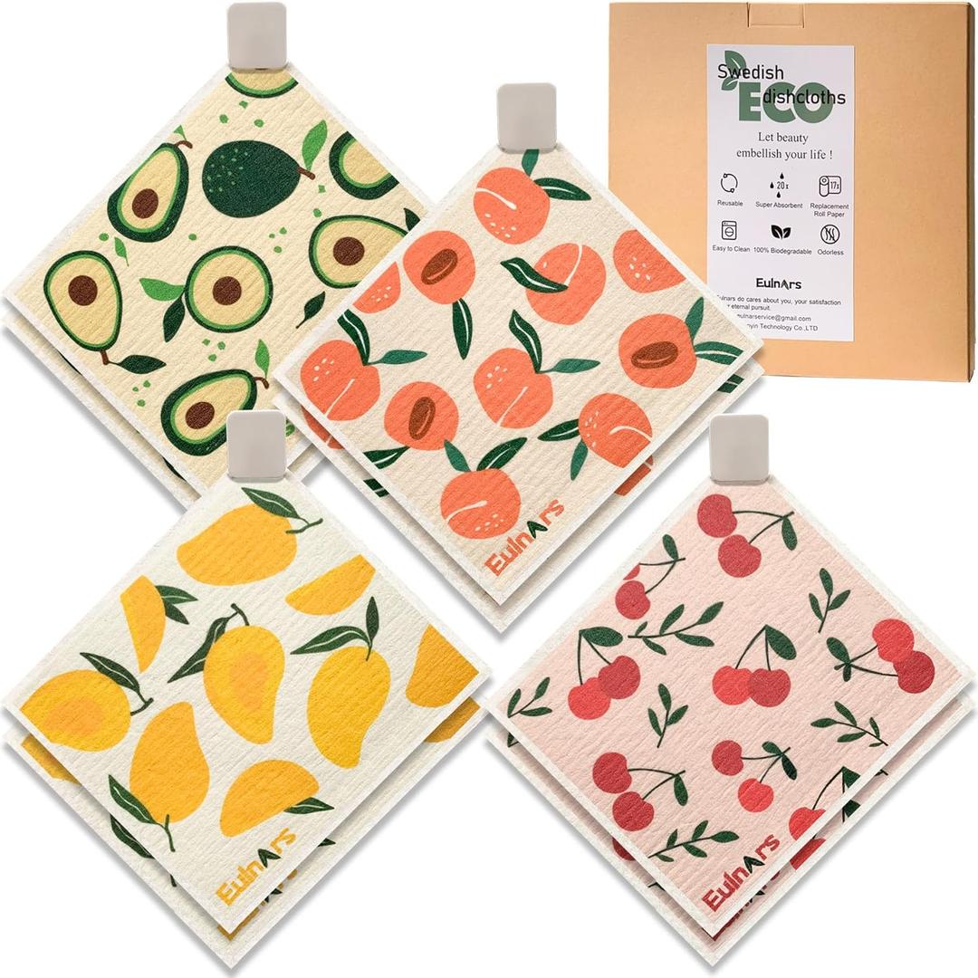 Swedish Dishcloths for Kitchen, 8 Pack Reusable Paper Towels with Clips, Non-Scratch Swedish Kitchen Towels, Super Absorbent Cellulose Sponge Cloths, Dishwasher Safe, No Odor (Fruit Party)